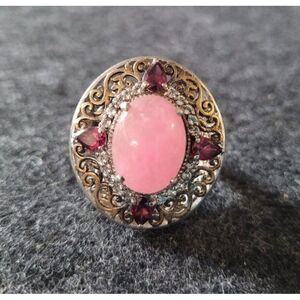 Burmese Pink Jade with Garnets and white topaz sterling silver ring, size 8